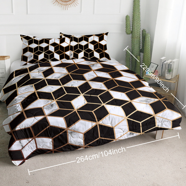 3PCS Comforter Geometric Cube Bedding Set Queen Size Black White Gold Reversible