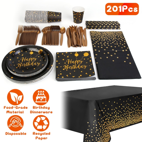 201PCS Black Gold Birthday Party Supplies For 25 Guests Happy Birthday Disposable Dinnerware Set Paper Plates 9OZ Cups Straws Napkins Forks Knives Spoons Tablecloth