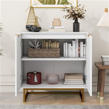 White and Gold Storage Cabinet with 2 Doors, Modern Buffet Sideboard Cabinet, Kitchen Buffet Cabinet with Storage Sideboard Buffet for Living Room