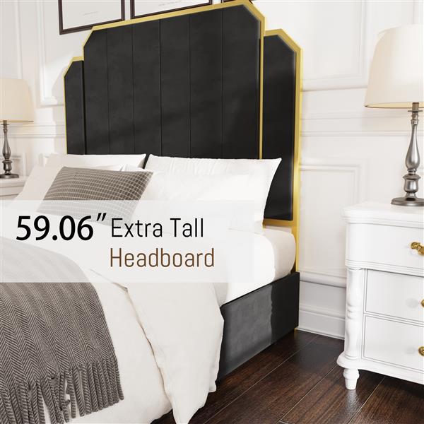 Queen Size Bed Frame and 59.06" Headboard, Upholstered Bed with lden Plating Trim, Modern Platform Bed No Box Spring Needed, Black