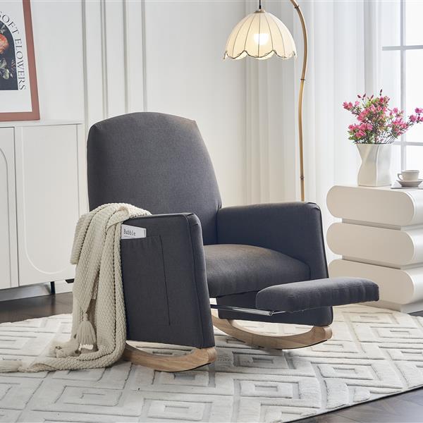 044-Cotton Linen Fabric Nursery Rocking Chair With Adjustable Footrest,Dark Gray