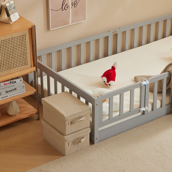 Fence Bed With Door With Board Grey Painted Pine Twin Children's Bed