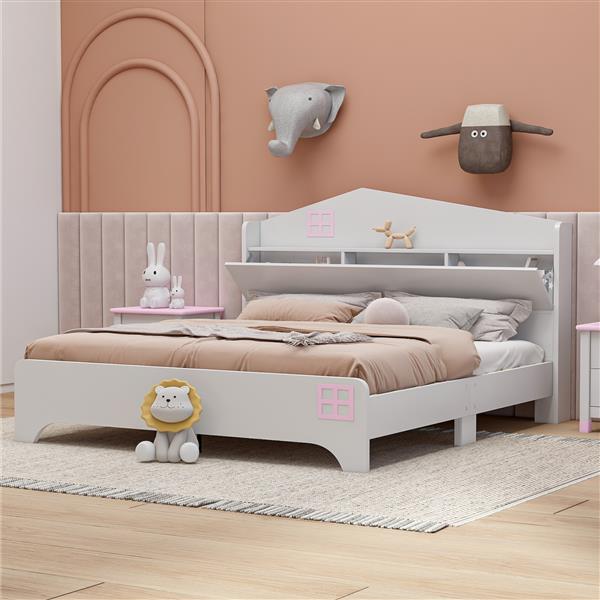 Wooden Full Size House Bed with Storage Headboard ,Kids Bed with Storage Shelf,White