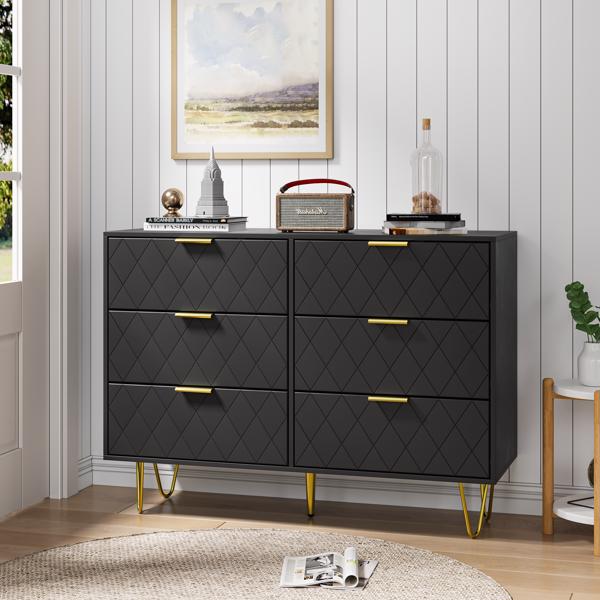 Modern black 6 Drawers for Bedroom, Modern 6 Drawer Dresser, Wide Chest of Drawers with Gold Handles, Wood Double Dresser Storage Cabinet for Living Room, Bedroom, Hallway 