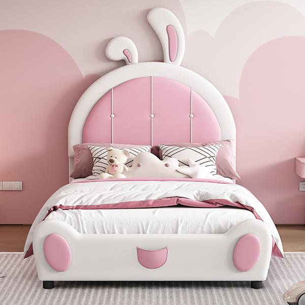 Twin Size Upholstered Platform Bed with Rabbit Shaped Headboard, White