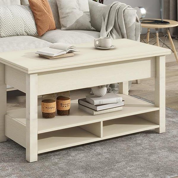 [VIDEO provided] Lift Top Coffee Table, Multi-Functional Coffee Table with Open Shelves, Modern Lift Tabletop Dining Table for Living Room, Home Office, Rustic Ivory