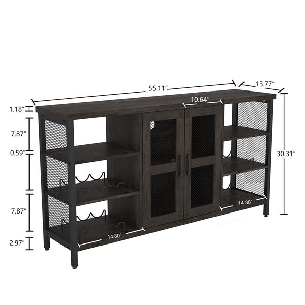 Industrial Wine Bar Cabinet, Liquor Storage Credenza, Sideboard with Wine Racks & Stemware Holder (Dark Grey, 55.12''w x 13.78''d x 30.31' ' h)