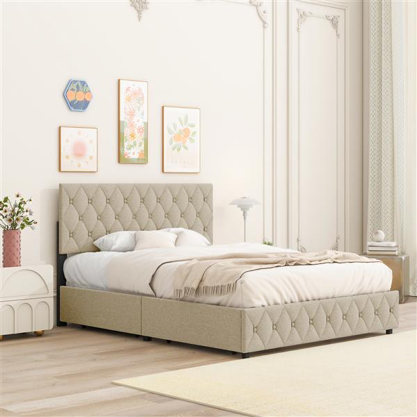 Queen Size Upholstered Platform Bed Frame with 4 Storage Drawers, Adjustable Linen Headboard, Wooden Slats Support, No Box Spring Needed, Easy Assembly, Light Beige