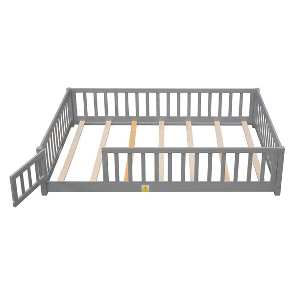 Full size Floor Platform Bed with Fence and Door,Grey