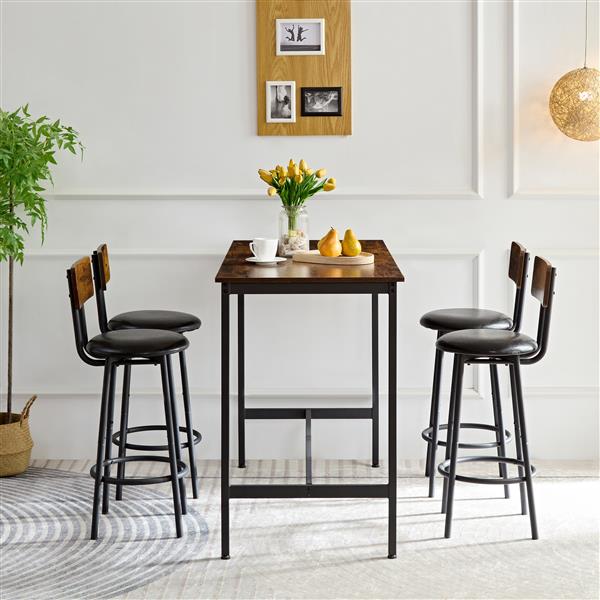 Bar industrial style five-piece set, four soft bags with backrest bar chairs, industrial style iron wood table set, suitable for kitchen, restaurant, bar.