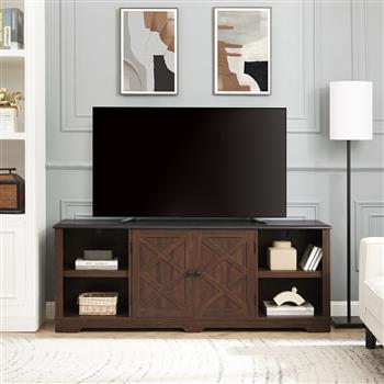 Modern Farmhouse TV Media Stand, Large Barn Inspired Home Entertainment Console, for TV Up to 80\\'\\', with Open Shelves and Closed Cabinets, Espresso and Black, 70\\"W*15.55\\"D*26.89\\"H