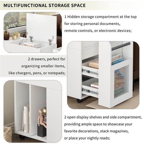 Multifunctional End Table with Wheels, Side Table with Tempered glass door, 2 Storage Shelves, 2 Drawers for Living Room, White