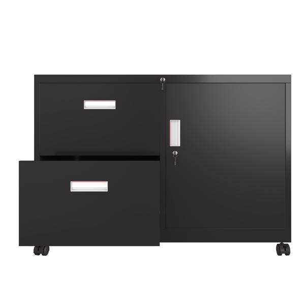 Metal Office Cabinet with 2 Drawers & Adjustable Shelves, Mobile Lateral Filing Cabinet with Lock