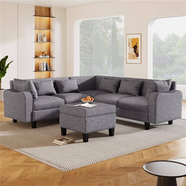 [New]87" Modern Sectional Sofa with coffee table,6-Seat Couch Set with Storage Ottoman,Various Combinations,L-Shape Indoor Furniture with Unique Armrests for Living Room,Apartment, 2 Colors(6 pillows)