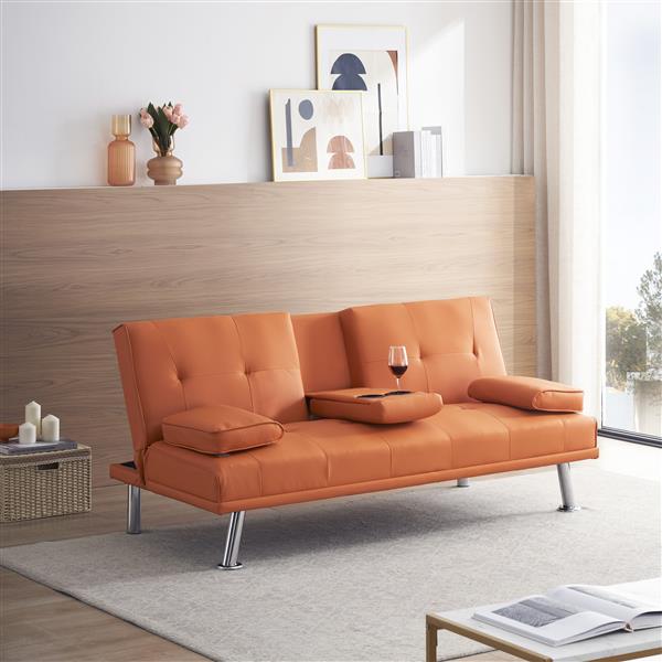 67" Orange Leather Multifunctional Double Folding Sofa Bed for Office with Coffee Table