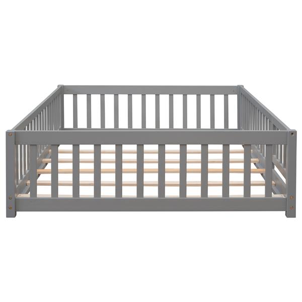 Full size Floor Platform Bed with Fence and Door,Grey