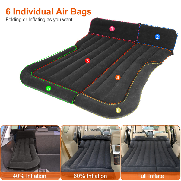 Air Mattress,SUV Air Mattress Thickened Camping Bed Cushion with Pillow Air Pump Storage Bag PVC Flocked Car Bed for Home Car Travel Camping (black)