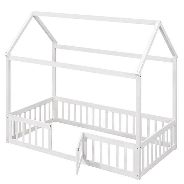 Twin Size Wood House Bed with Fence and Door, White Wash