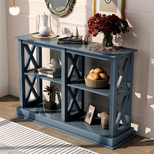 Console Table with 3-Tier Open Storage Spaces and "X" Legs, Narrow Sofa Entry Table for Living Room, Entryway and Hallway (Navy Blue)