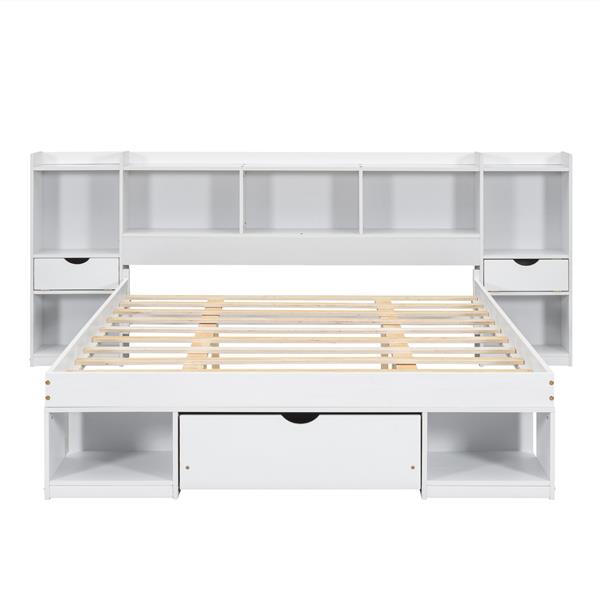 Queen Size Wood Platform Bed with Multi-storage Headboard and a Drawer, White(Expected Arrival Time: 6.16)