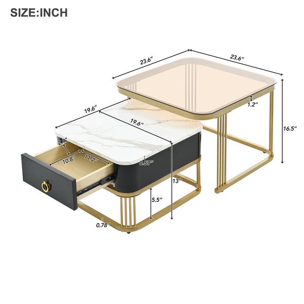 Nesting Coffee Table with Drawer, Set of 2, Exquisite Square Stacking Coffee Tables with Brown Tempered Glass, Side Table with High Gloss Marble Grain Tabletop for Living Room, Black