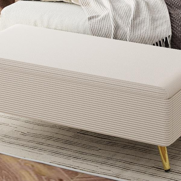 Modern Corduroy Upholstered Ottoman with Metal Legs, Storage Bench for Bedroom,Living Room,Beige