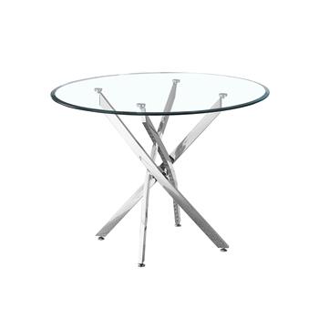 Contemporary Round Clear Dining Tempered Glass Table with Silver Finish Stainless Steel Legs