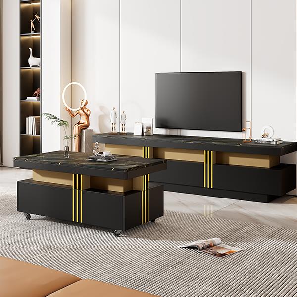 Modern Luxury TV Stand and Coffee Table Set of 2, High Gloss Faux Marble Top, TV Stand for TVs Up to 78'', Rectangle Coffee Table with Caster Wheels for Living Room, Black