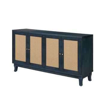 Handcrafted Premium Grain Panels,Rattan Sideboard Buffer Cabinet,Storage Cabinet With 4 Rattan Doors, Modern Storage Cupboard Console Table with Adjustable Shelves for Living Room ,BLUE