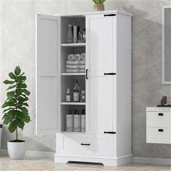 Tall Bathroom Storage Cabinet, Cabinet with Two Doors and One Drawer, Adjustable Shelf, MDF Board, White