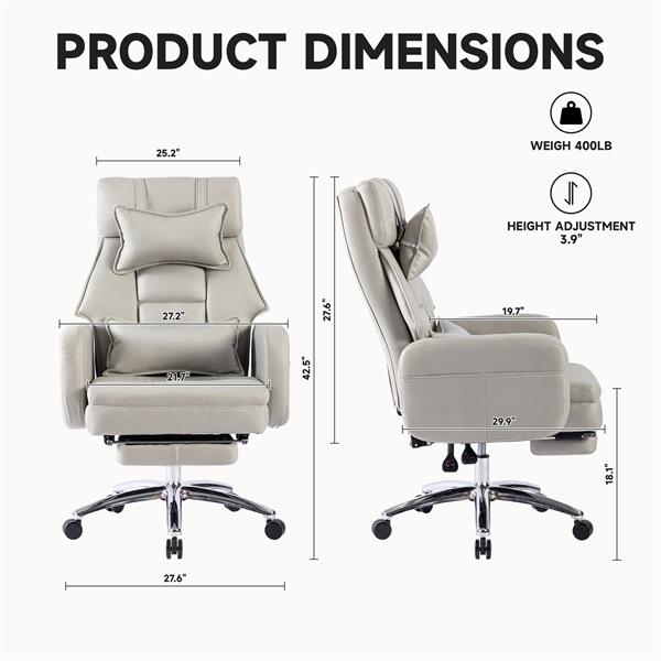 Swivel Ernomic Office Chair, Technology Leather  High Back Office Chair with Lumbar Support Headrest, Sedentary Comfortable Boss Chair, 155° Reclining Computer Chair (Color : Grey)