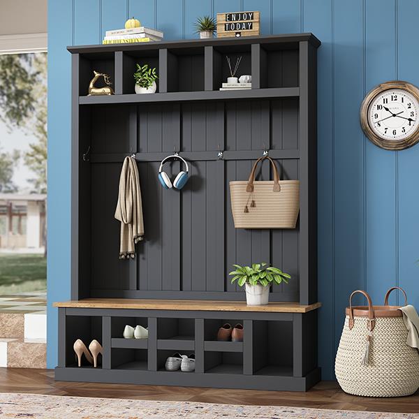 Farmhouse Wooden Style 78''H Modern Hall Tree with Wide Storage Seating Bench, Entryway Shoe Cabinet with 13 Compartments, Elegant Coat Rack with 6 Hooks for Mudroom, Living room, Black