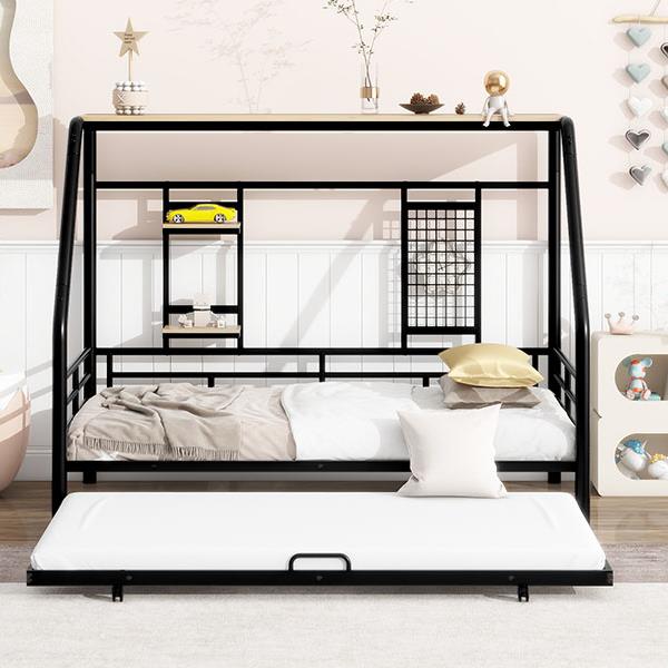 Twin Size Metal House Bed with Trundle, Black