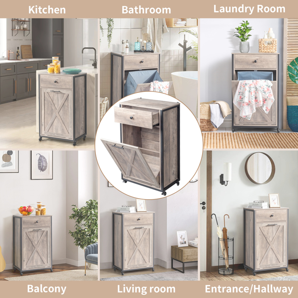 [FCH] Kitchen Trash Can Cabinet, 1 Door 1 Drawer 1 Dirty Clothes Bags Garbage Storage Cabinet, Gray Wood