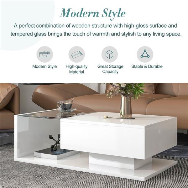 [VIDEO provided] Modern Coffee Table with Tempered Glass, Wooden Cocktail Table with High-gloss UV Surface, Modernist 2-Tier Rectangle Center Table for Living Room, White