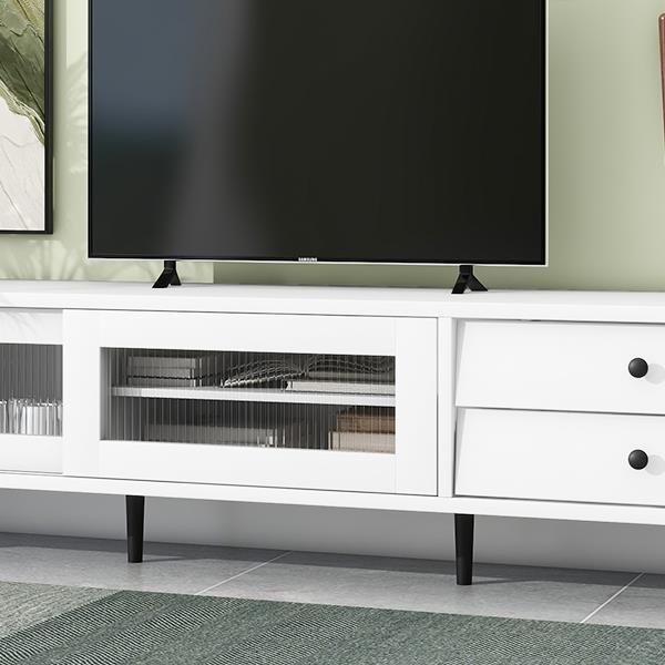 Chic Elegant Design TV Stand with Sliding Fluted Glass Doors, Slanted Drawers Media Console for TVs Up to 75", Modern TV Cabinet with Ample Storage Space, White