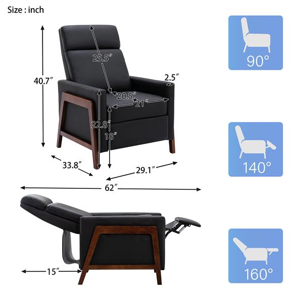 Wood-Framed PU Leather Recliner Chair Adjustable Home Theater Seating with Thick Seat Cushion and Backrest Modern Living Room Recliners, Black