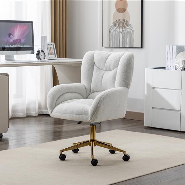 005-Teddy Fabric 360 Swivel Home Office Chair With Gold Metal Base And Universal Wheels,Ivory