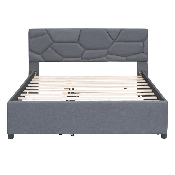 Queen Size Upholstered Platform Bed with Brick Pattern Headboard and Twin XL Size Trundle, Linen Fabric, Gray