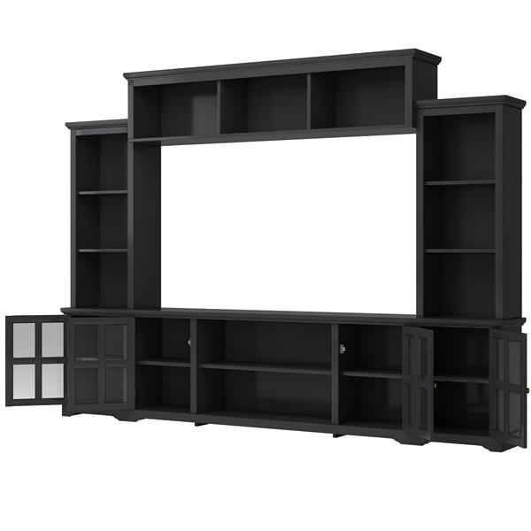 Minimalism Style Entertainment Wall Unit with Bridge, Modern TV Console Table for TVs Up to 70", Multifunctional TV Stand with Tempered Glass Door, Black