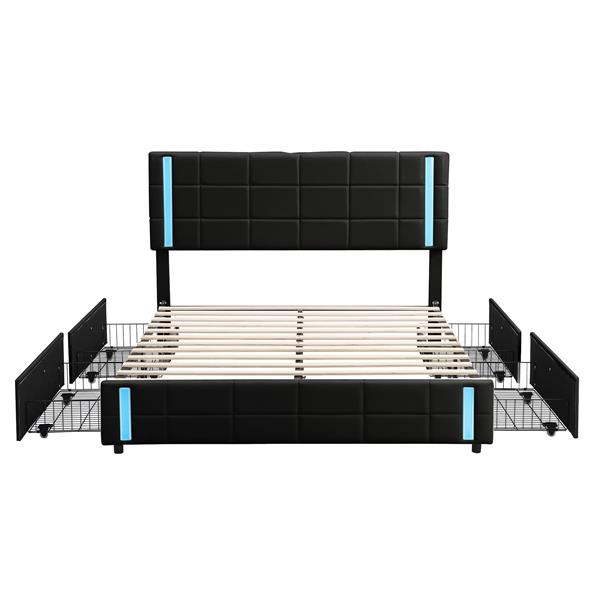 Queen Size Upholstered Platform Bed with LED Lights and USB Charging, Storage Bed with 4 Drawers, Black