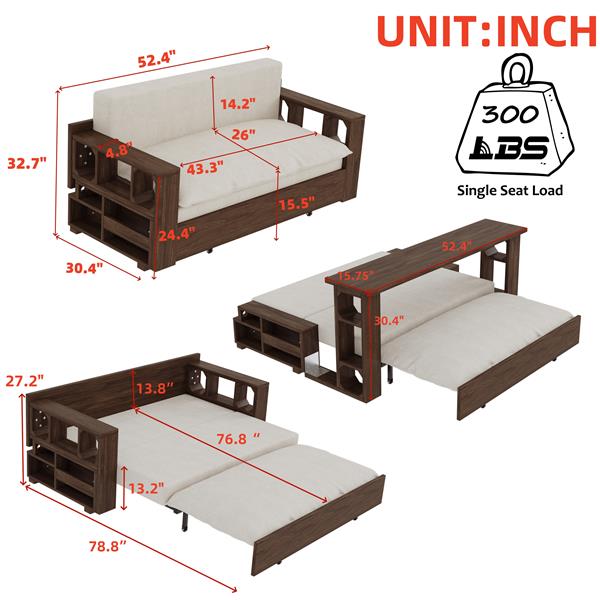 3-in-1 Convertible Sleeper Sofa Bed,Modern Velvet Loveseat Couch with Pull Out Bed,Small Love Seat Futon Sofa Bed with Convertible Office Desk,Beige