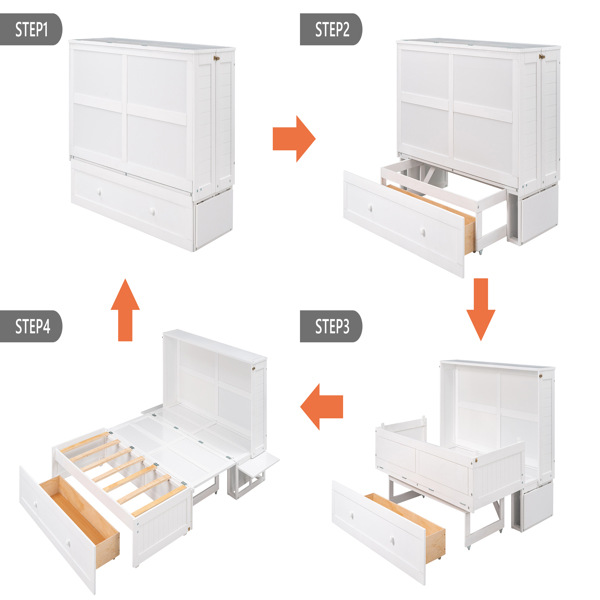 Queen Size Mobile Murphy Bed with Drawer and Little Shelves on Each Side,White 