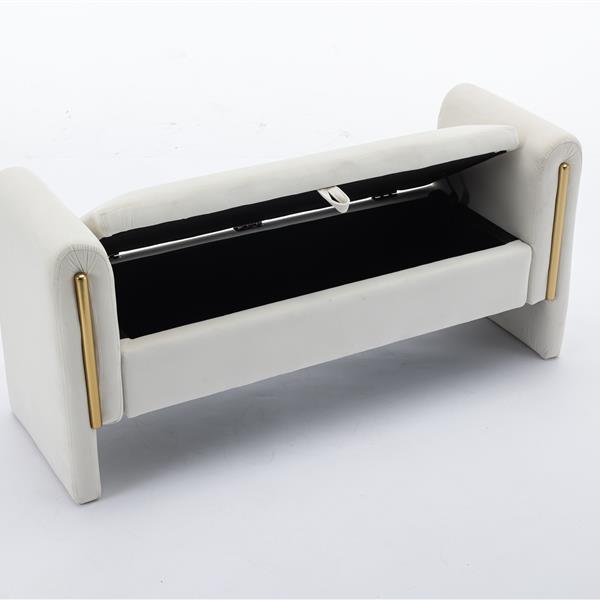 032-Velvet Fabric Storage Bench Bedroom Bench With Gold Metal Trim Strip For Living Room Bedroom Indoor,Ivory