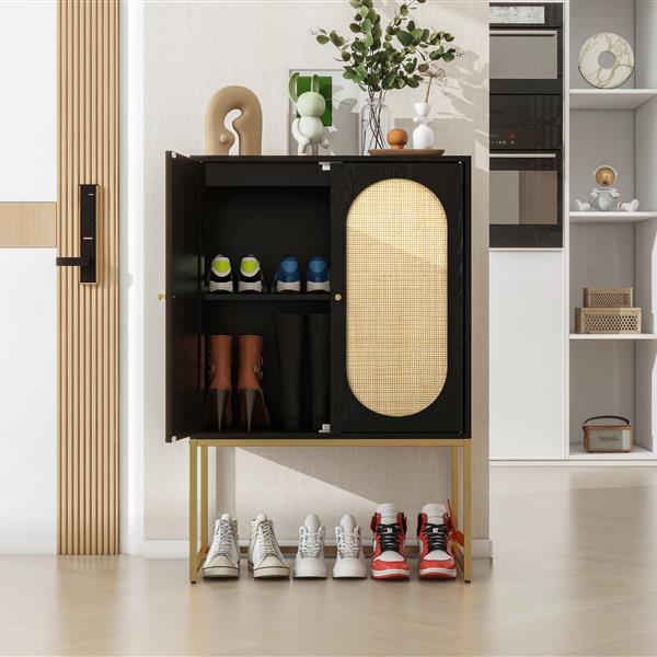 2 Door High Cabinet,Natural Rattan 2 Door high cabinet, Built-in adjustable shelf, Easy Assembly, Free Standing Cabinet for Living Room Bedroom,Hallway