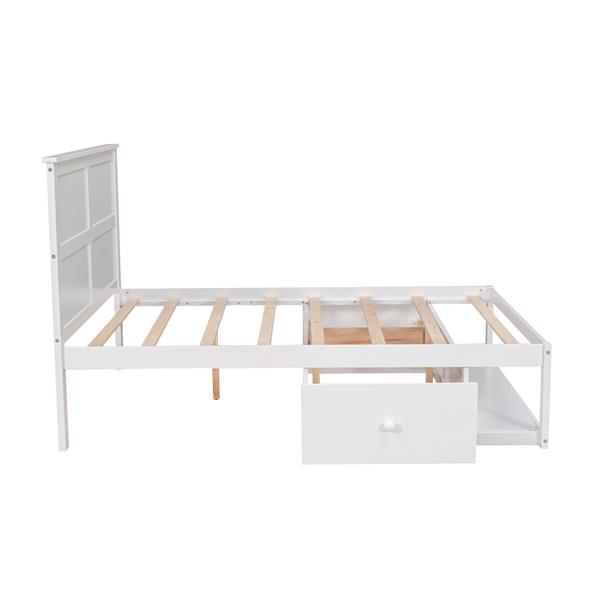 Full Size Platform Bed with Drawer on the Each Side and Shelf on the End of the Bed, White