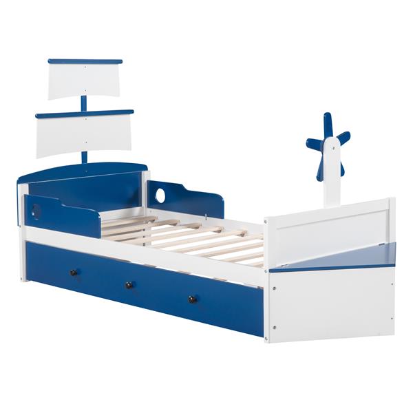 Twin Size Boat-Shaped Platform Bed with Twin size Trundle,Twin Bed with Storage for Bedroom,Blue