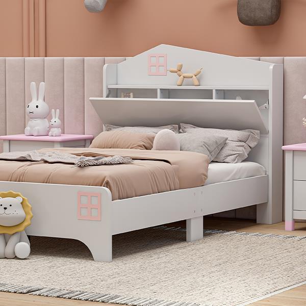 Wooden Twin Size House Bed with Storage Headboard ,Kids Bed with Storage Shelf, White