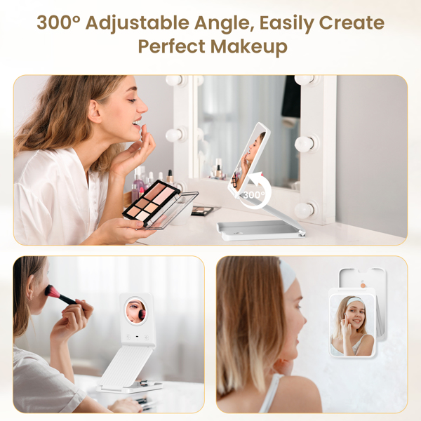 Travel Makeup Mirror with Lights, Portable Vanity Mirror with 5X Lighted Magnification, 3 Color Lights, 1000mAh Battery, Freely Adjust Height and Angle(Ships from FBA warehouse, banned by Amazon)