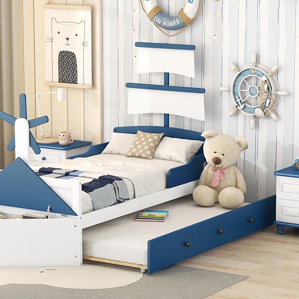 Twin Size Boat-Shaped Platform Bed with Twin size Trundle,Twin Bed with Storage for Bedroom,Blue